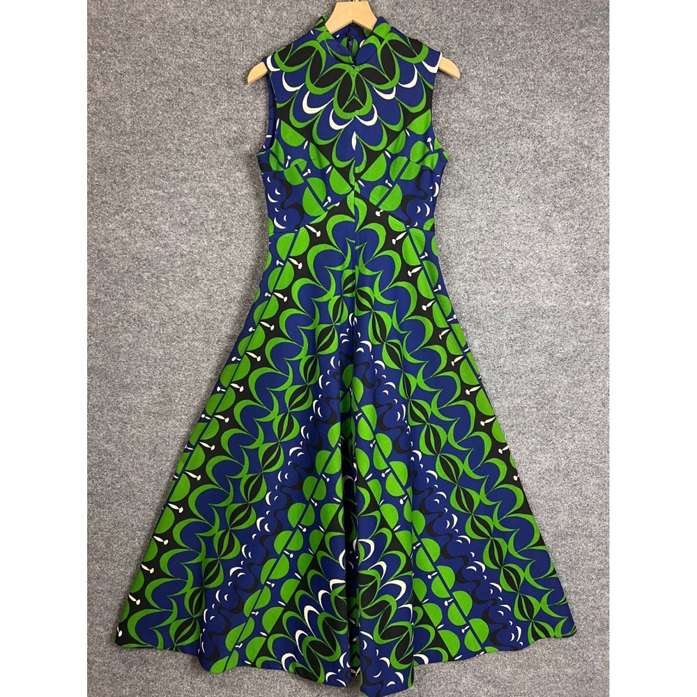 VINTAGE  70S  Maxi Dress SIZE 14 Blue Green Geometric Psychedelic  Sleeveless